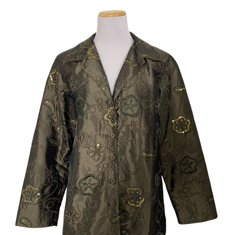 Susan Graver Soutache Sequin Floral Jacket Women’s M Metallic Brown Art Holiday